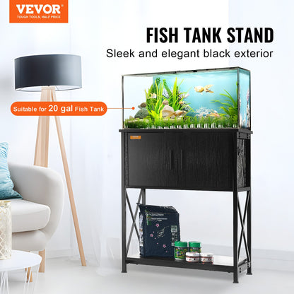 Aquarium Stand, 20 gallon Fish Tank Stand, 25,6 x 16,5 x 31,9 i stål och MDF Turtle Tank Stand, 167,6 lbs lastkapacitet, Reptil Tank Stand med förvaringsskåp och inbyggd kraftpanel, svart
