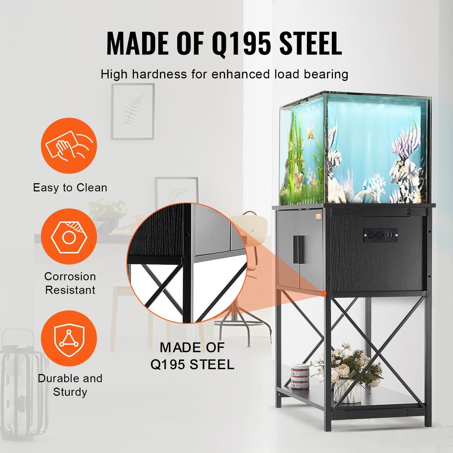 Aquarium Stand, 20 gallon Fish Tank Stand, 25,6 x 16,5 x 31,9 i stål och MDF Turtle Tank Stand, 167,6 lbs lastkapacitet, Reptil Tank Stand med förvaringsskåp och inbyggd kraftpanel, svart