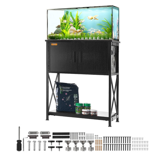 Aquariumständer, 20-Gallonen-Fischtankständer, 25,6 x 16,5 x 31,9 Zoll Stahl und MDF Schildkrötentankständer, 167,6 lbs Tragkraft, Reptilientankständer mit Lagerschrank und eingebautem Power Panel, Schwarz