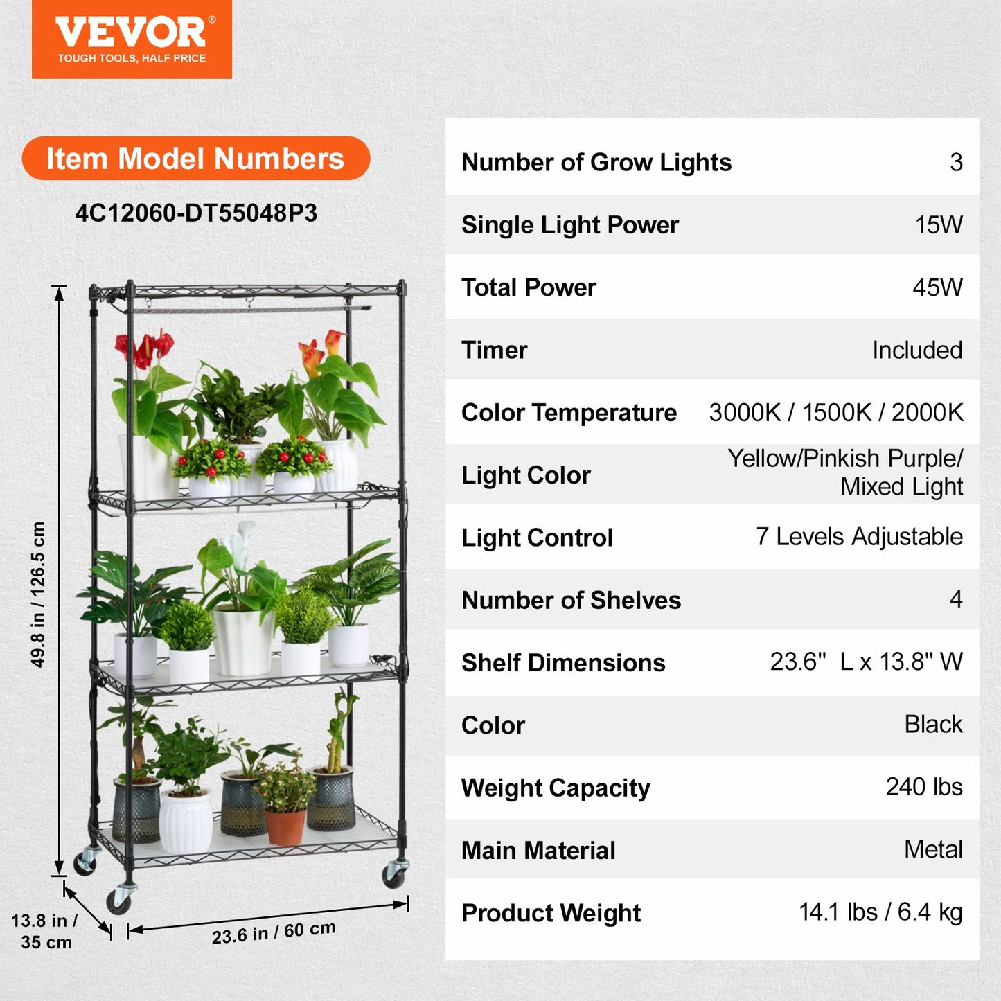 Plant Stand with Grow Lights 4 Eters 45W 49.8" Tall Plant Grow Shelf