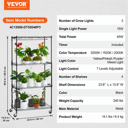 Plant Stand with Grow Lights 4 Eters 45W 49.8" Tall Plant Grow Shelf