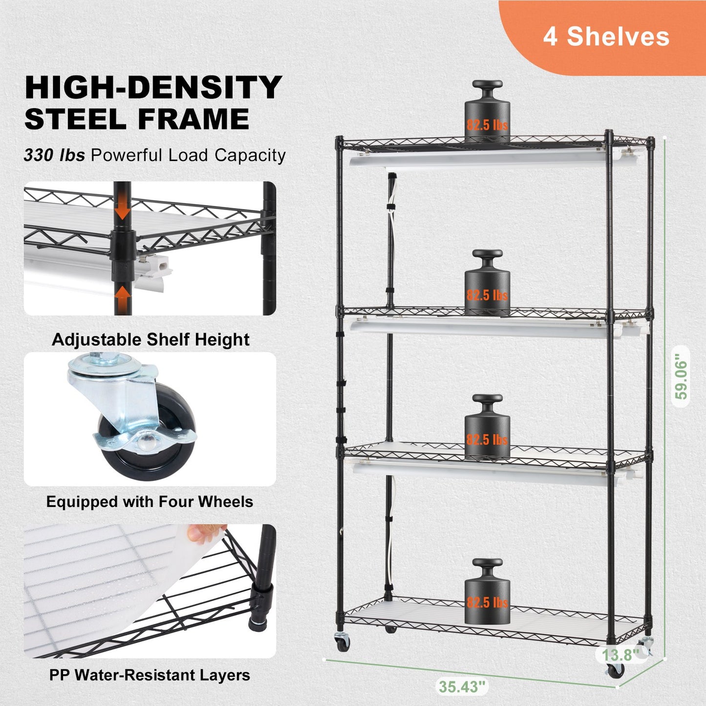 Plant Stand with Grow Lights 4 Eters 180W 59,1" Tall Plant Grow Hylla
