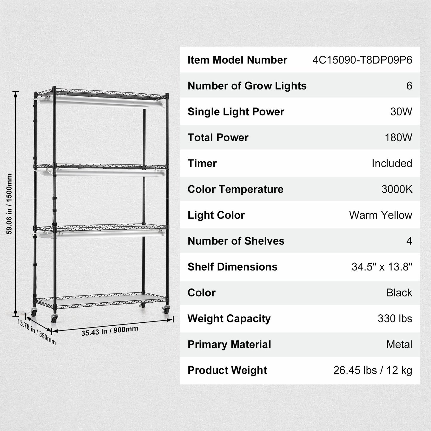Plant Stand with Grow Lights 4 Eters 180W 59,1" Tall Plant Grow Hylla