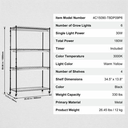 Plant Stand with Grow Lights 4 Eters 180W 59,1" Tall Plant Grow Hylla