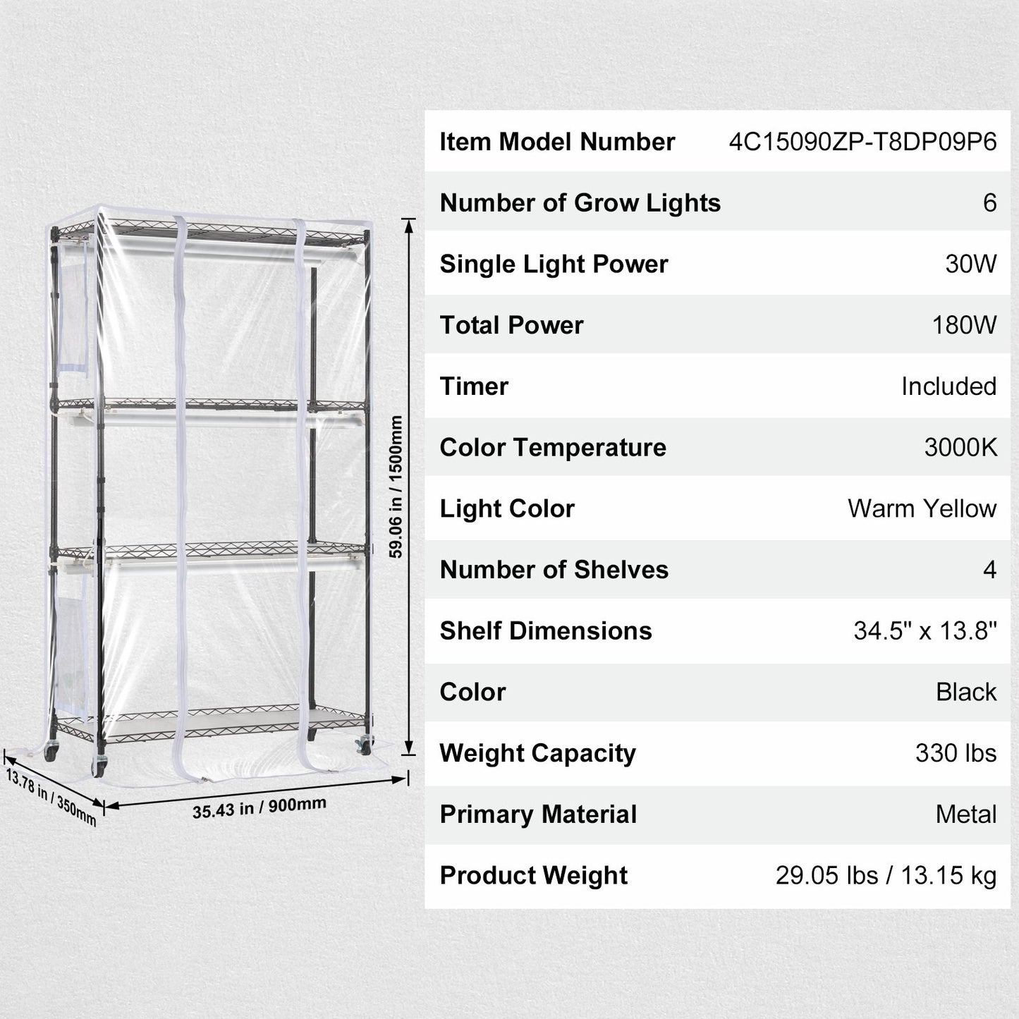 Inomhusväxthus med Grow Light 4 våningar 180W 59,1" Grow Light Hylla