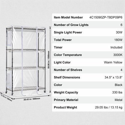 Inomhusväxthus med Grow Light 4 våningar 180W 59,1" Grow Light Hylla