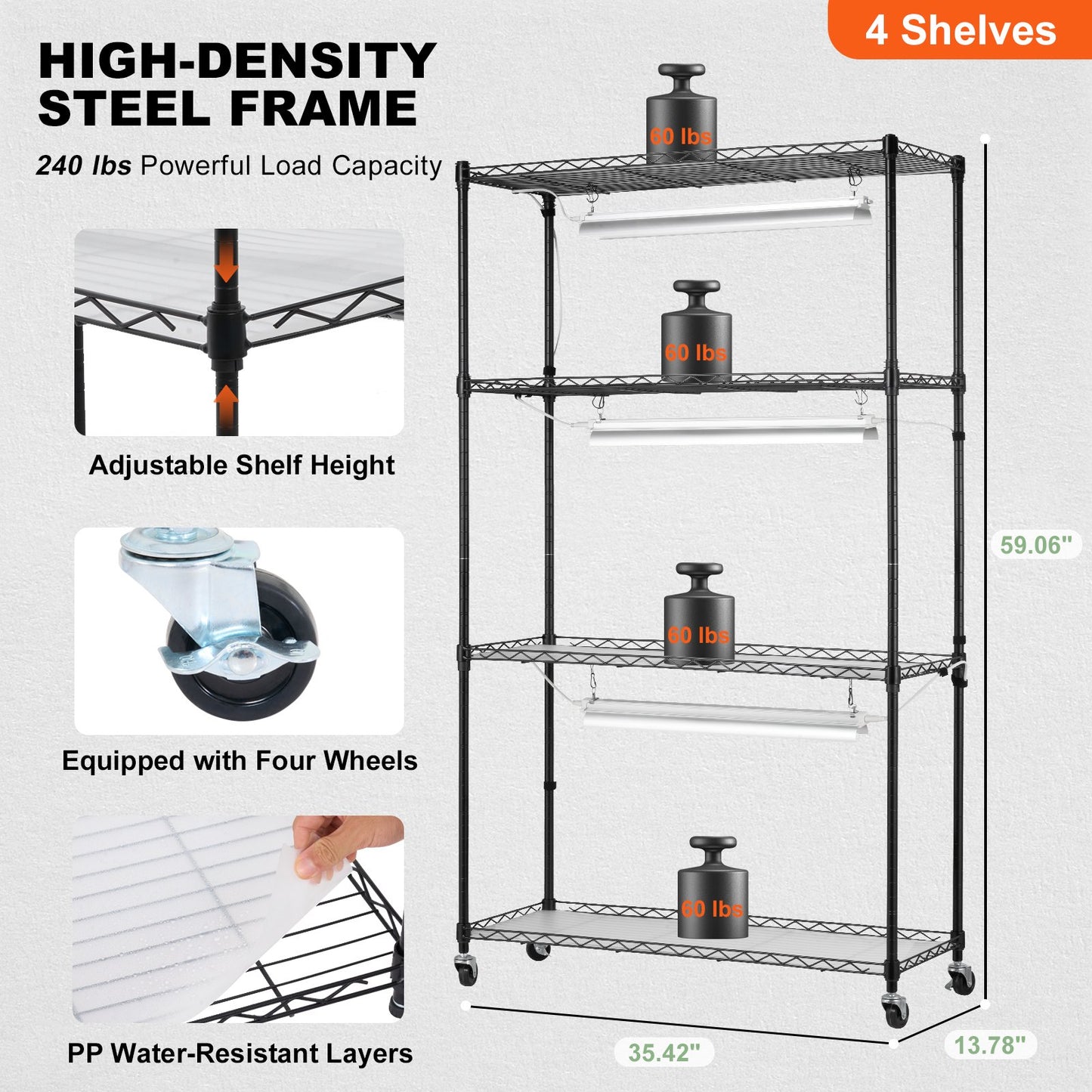 Plant Stand with Grow Lights 4 Tiers 90W 59" Tall Plant Grow Shelf