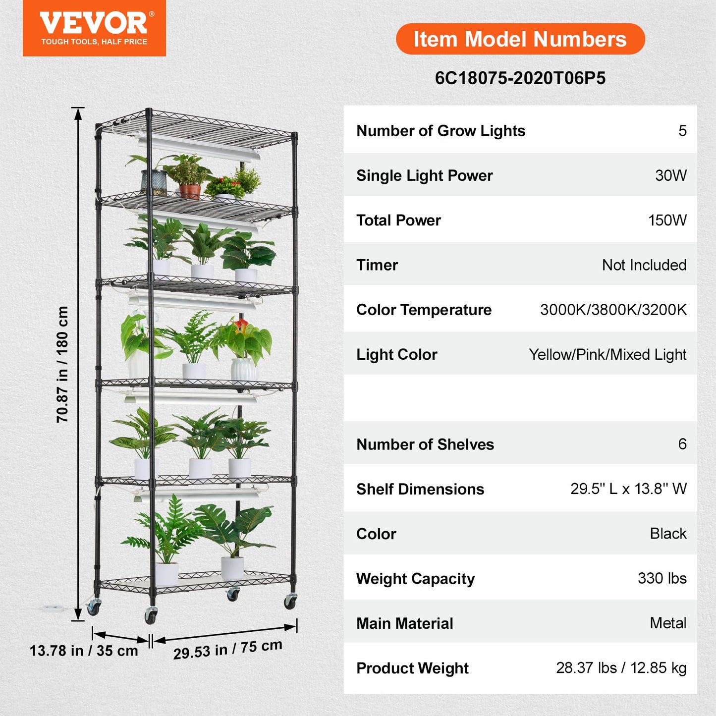 Plant Stand with Grow Lights 6 Eters 150W 70.9" Tall Plant Grow Shelf