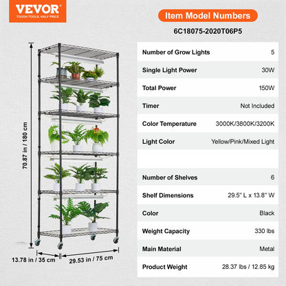Plant Stand with Grow Lights 6 Eters 150W 70.9" Tall Plant Grow Shelf