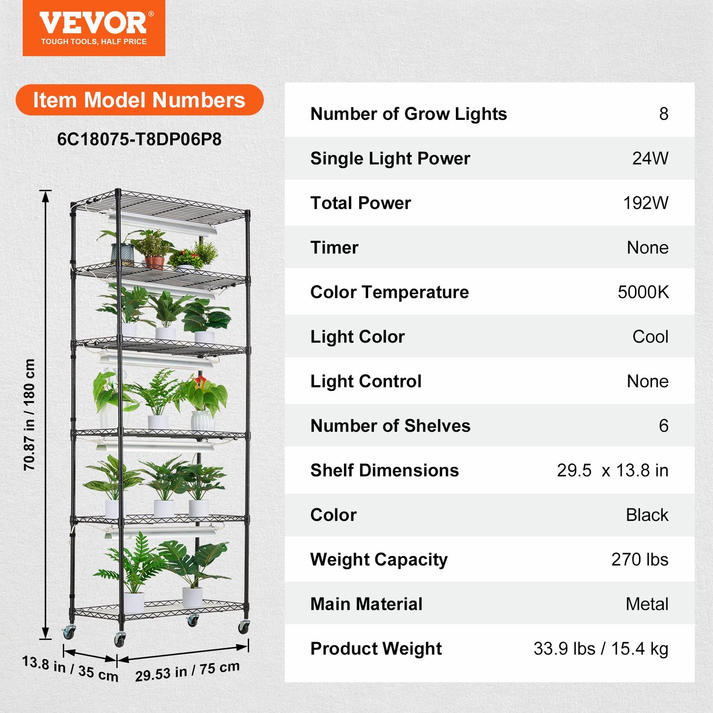 DIY Plant Stand med Grow Lights 6 Eters 192W 70,9" Tall Plant Grow Hylla