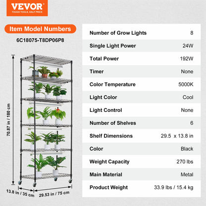 DIY Plant Stand med Grow Lights 6 Eters 192W 70,9" Tall Plant Grow Hylla