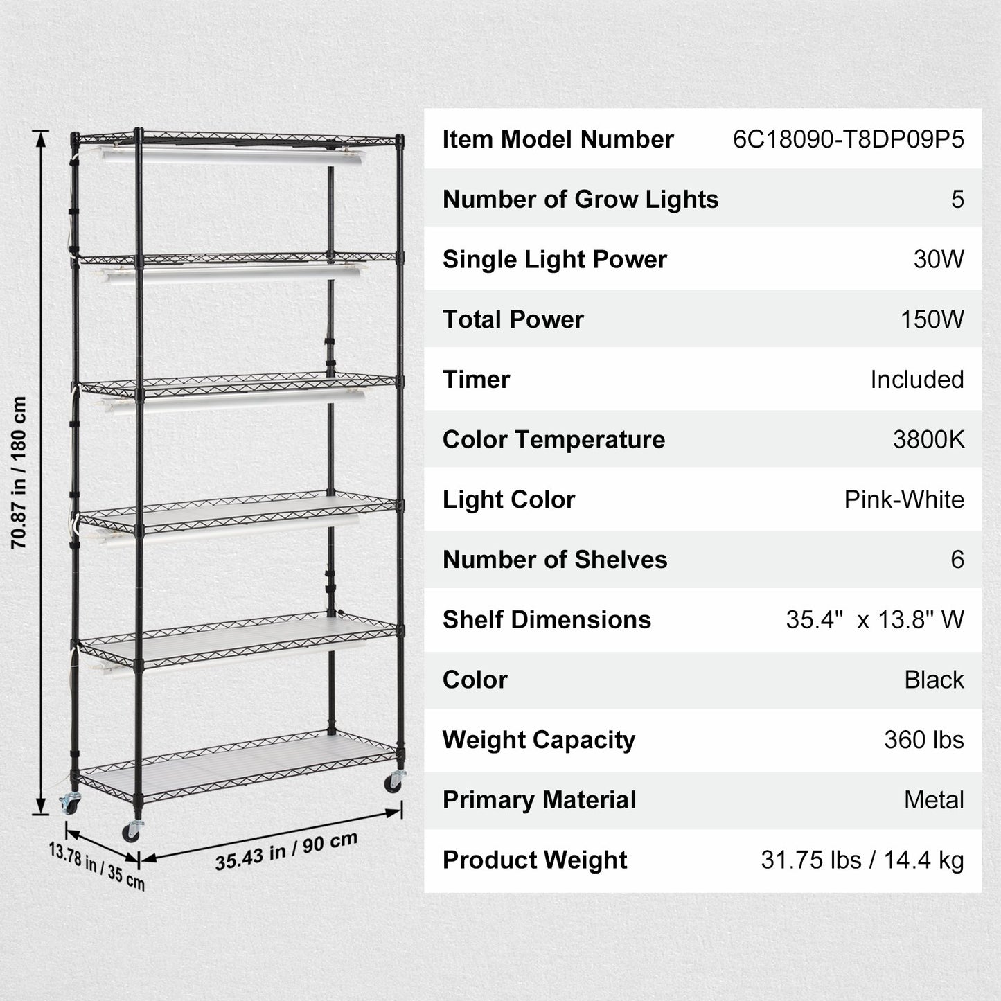 Plant Stand with Grow Light 6 våningar 180W 70,9" Indoor Plant Grow Hylla
