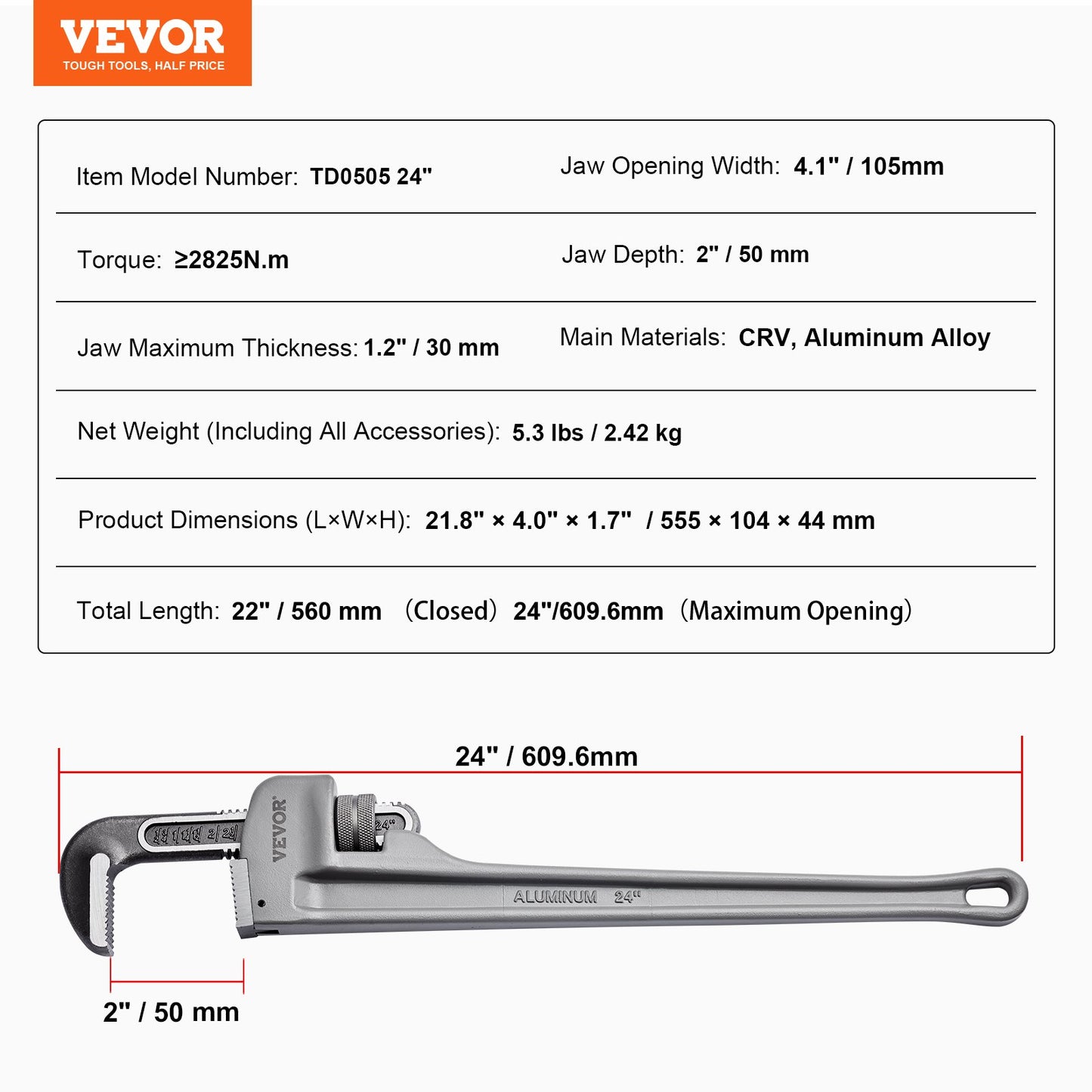 Aluminum straight pipe wrench 24 in adjustable plumbing wrench CRV jaw