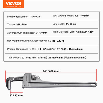 Aluminum straight pipe wrench 24 in adjustable plumbing wrench CRV jaw