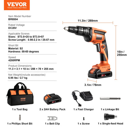 Trockenbauschrauber, 20 V Max Trockenbauschrauber, 4200 U/min bürstenloser Akku-Trockenbauschrauber-Satz mit 2 Akkupacks, Ladegerät, Gürtelclip und Werkzeugtasche, vorwärts und rückwärts verstellbar, integriertes LED-Licht