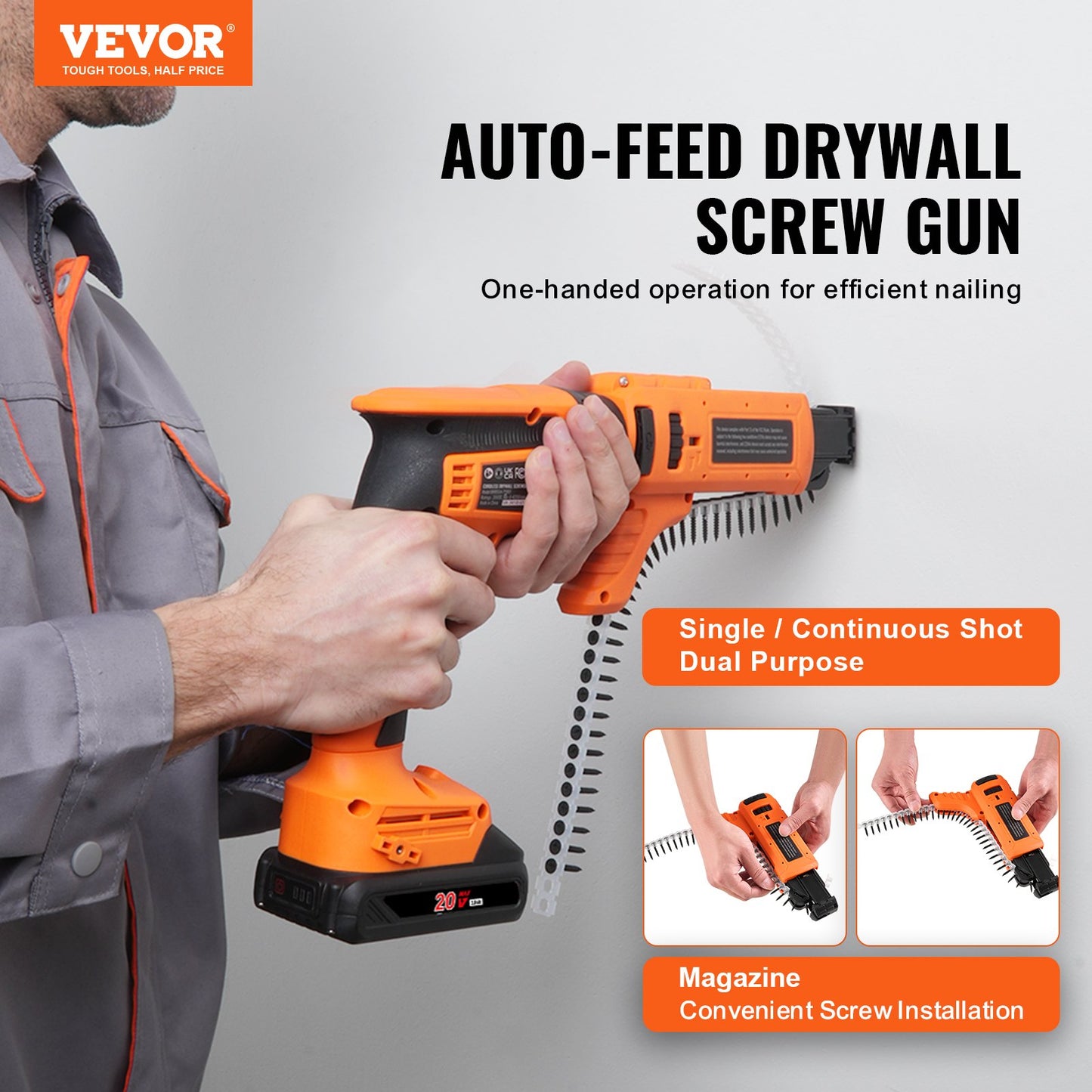 Drywall Screw Gun Auto-Feed, 20V Max Collated Drywall Screw Gun, 4200RPM Brushless Cordless Drywall Gun Kit with 2 Battery Packs, Charger, Belt Clip, Tool Bag, Screw Length and Depth Adjustable
