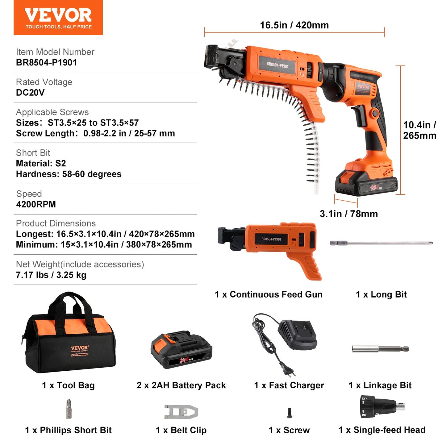 Drywall Screw Gun Auto-Feed, 20V Max Collated Drywall Screw Gun, 4200RPM Brushless Cordless Drywall Gun Kit with 2 Battery Packs, Charger, Belt Clip, Tool Bag, Screw Length and Depth Adjustable