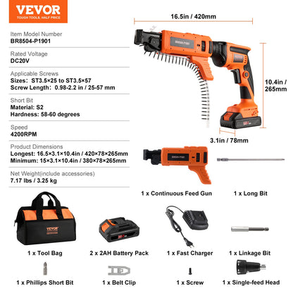 Drywall Screw Gun Auto-Feed, 20V Max Collated Drywall Screw Gun, 4200RPM Brushless Cordless Drywall Gun Kit with 2 Battery Packs, Charger, Belt Clip, Tool Bag, Screw Length and Depth Adjustable