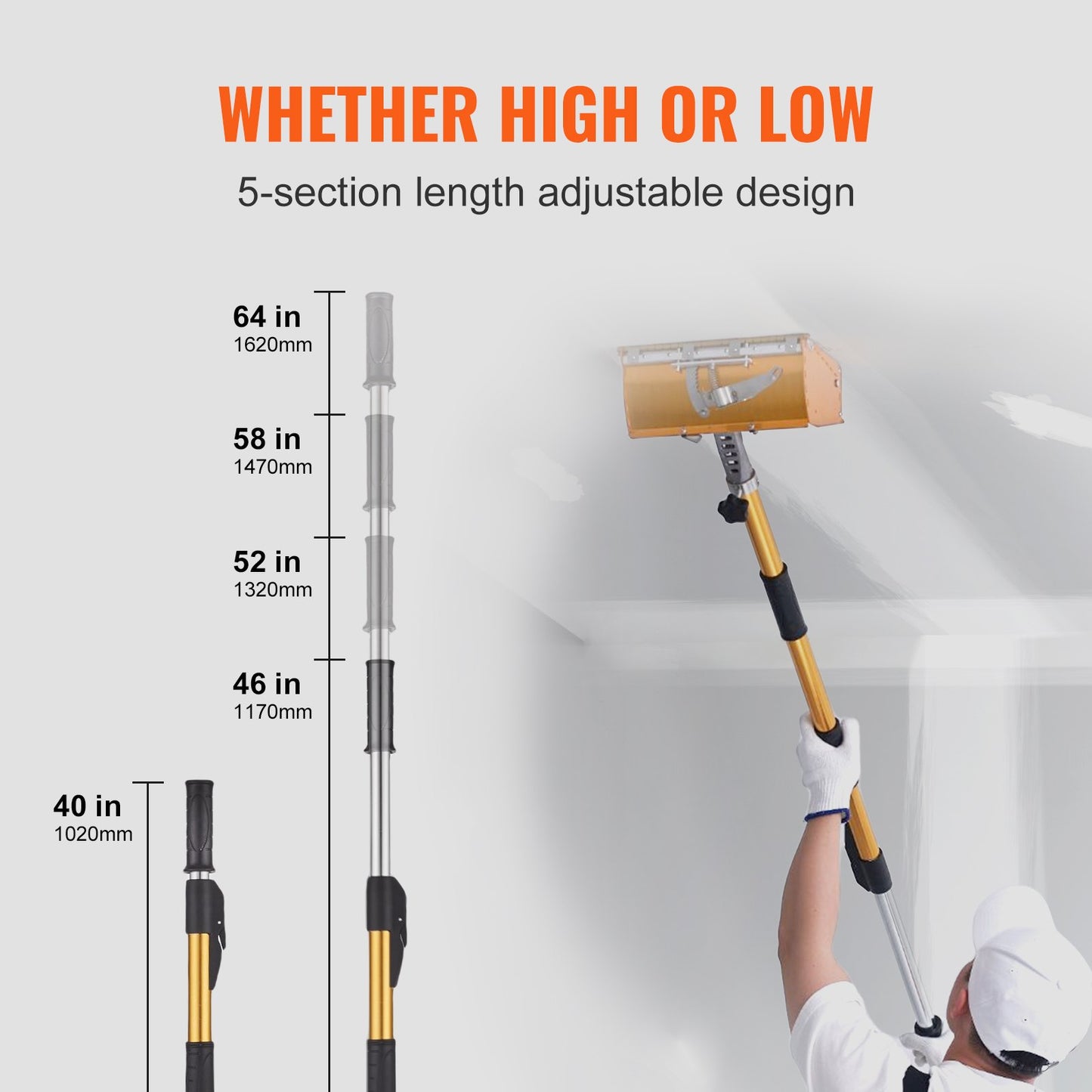 Drywall Flat Box Handtag, 40''-64'', anodiserad aluminium platt förlängningshandtag, 5-sektionslängd justerbar, halkfritt grepp och 360° målning för gipsskivor, väggskivor, plåtskivor
