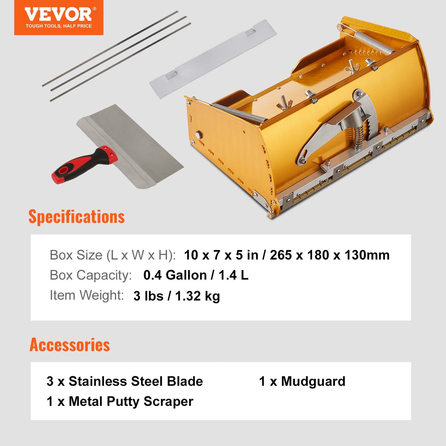 Drywall Flat Box, 10-tums bred snabbrengöring, aluminiumfinishing Mud Box för gipsskivor, Wallboard, Sheetrock, Bonus Mudguard, Extra 2 rostfria blad (10/12-tum)