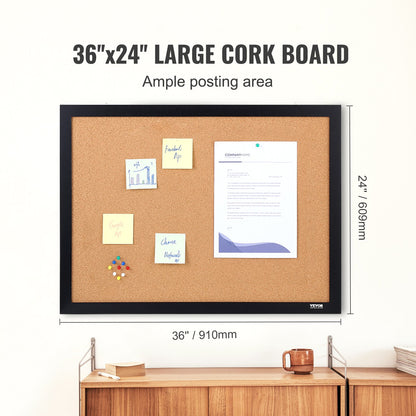 Cork Board, 36x24 inch Bulletin Board with MDF Adhesive Frame, Vision Board includes 10 knitting needles, for display and decoration in office home and school