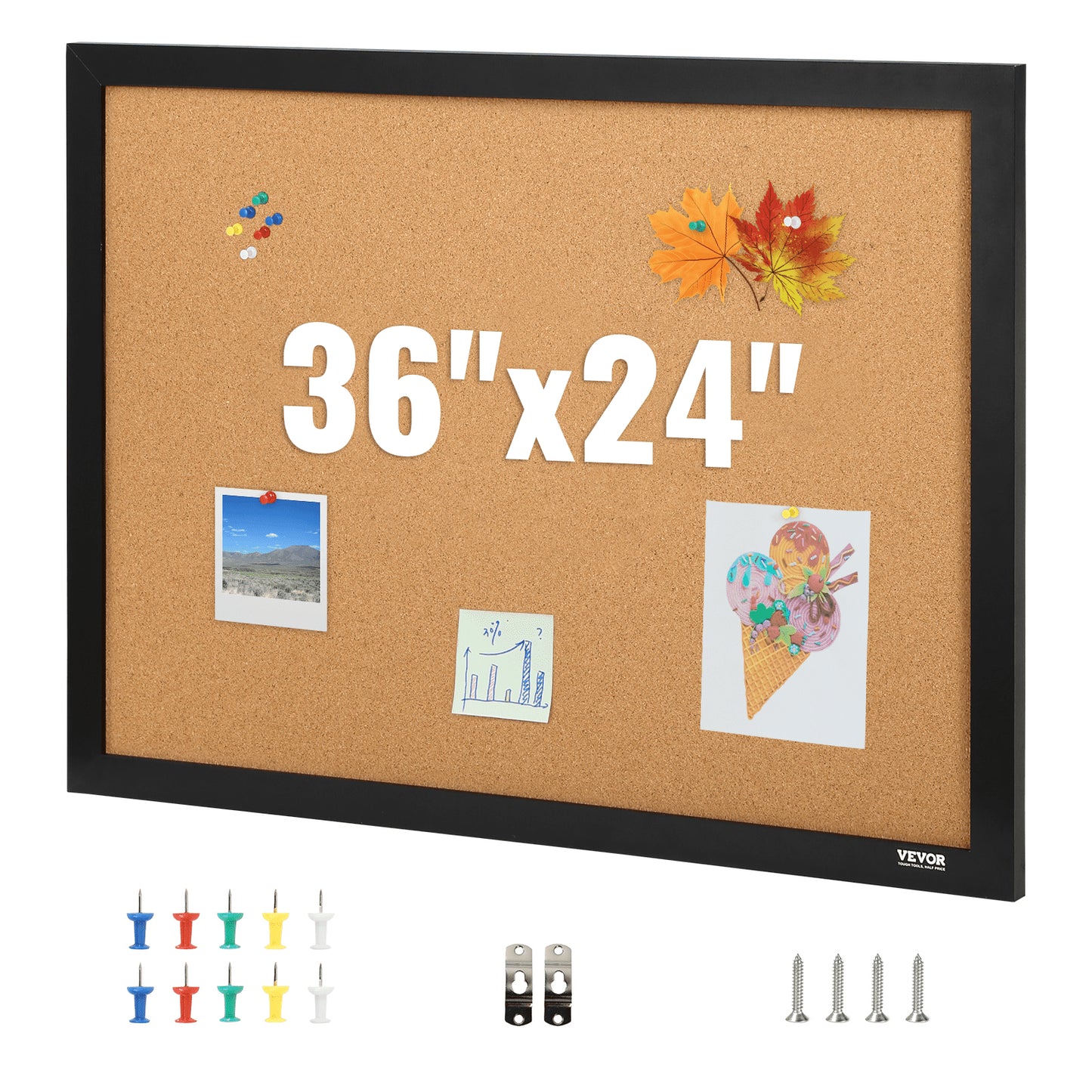 Cork Board, 36x24 inch Bulletin Board with MDF Adhesive Frame, Vision Board includes 10 knitting needles, for display and decoration in office home and school
