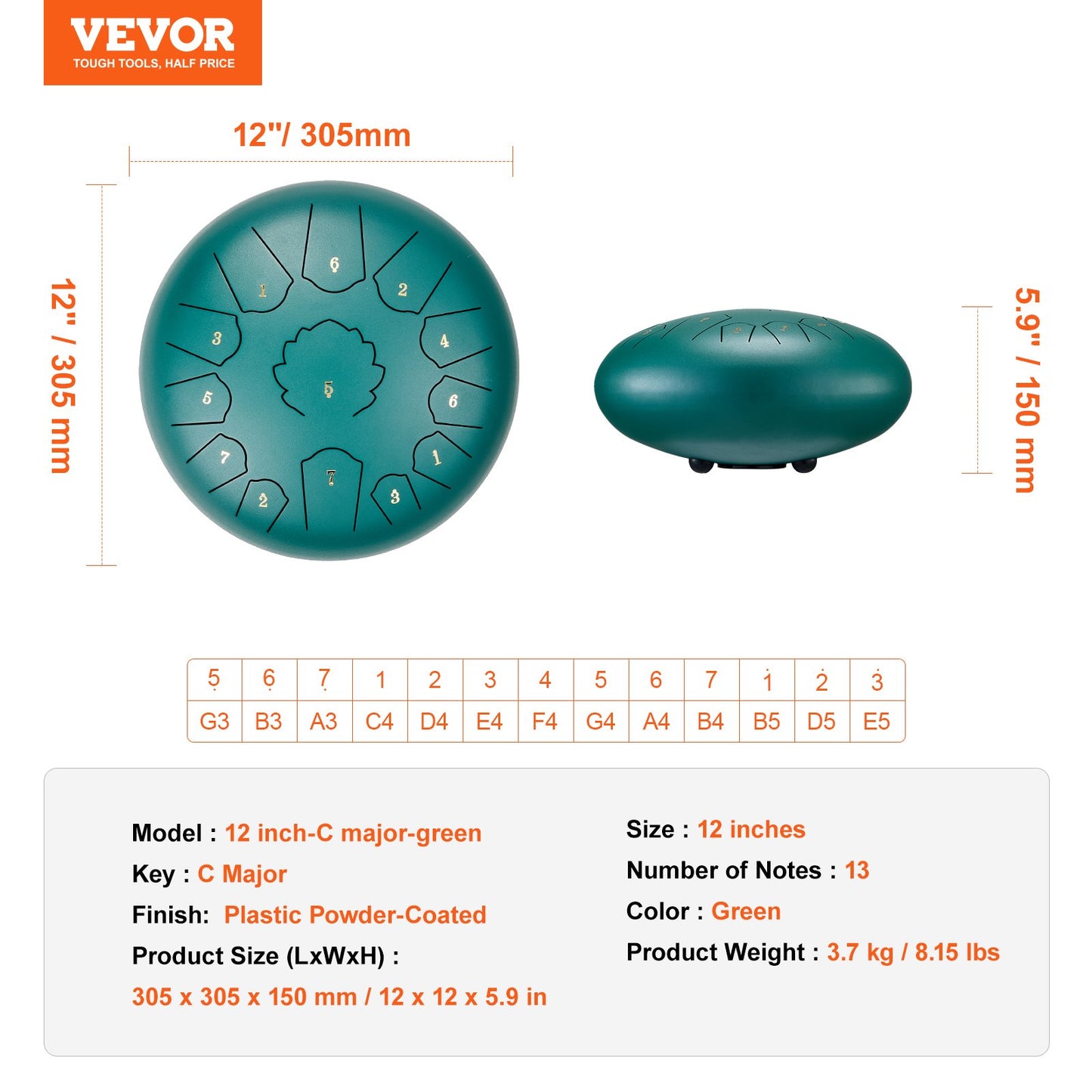 Steel Tongue Drum 12 in 13 tones rain drum for outside C major green