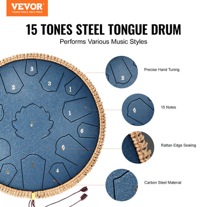 Steel Tongue Drum 14 in 15 Tones Rain Drum for Outside C Major Navy Blue