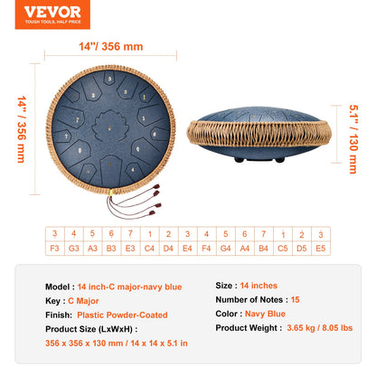 Steel Tongue Drum 14 in 15 Tones Rain Drum for Outside C Major Navy Blue