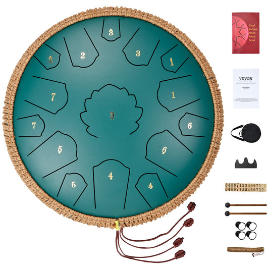 Steel Tongue Drum 14 in 15 Notes Regntrumma för Outside D Major Green