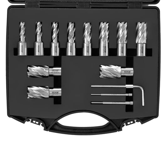 Annular Cutter Set, 13 Piece Weldon Shank Mag Drill Bits, 1" Depth of Cut, 7/16" to 1-1/16" Cutting Diameter, M2AL HSS, 2 Pilot Pins, Hex Key and Portable Case, for Use with Magnetic Drills
