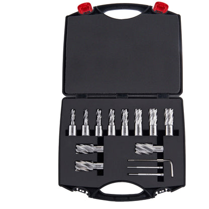 Ringschneider-Satz, 13-teiliger Weldon-Schaft-Mag-Bohrer, 1 Zoll Schnitttiefe, 7/16 Zoll bis 1-1/16 Zoll Schnittdurchmesser, M2AL HSS, 2 Führungsstifte, Sechskantschlüssel und tragbarer Koffer, zur Verwendung mit Magnetbohrmaschinen