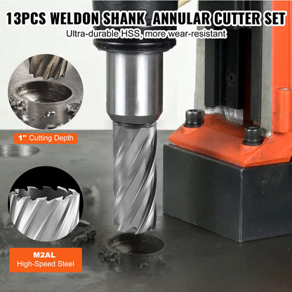 Annular Cutter Set, 13-Piece Weldon Shank Mag Drill Bits, 2" Depth of Cut, 7/16" to 1-1/16" Cutting Diameter, M2AL HSS, with 2 Pilot Pins, Hex Key and Portable Case, for Use with Magnetic Dr.