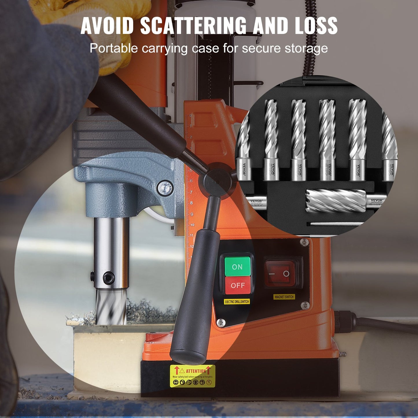 Annular Cutter Set, 13-Piece Weldon Shank Mag Drill Bits, 2" Depth of Cut, 7/16" to 1-1/16" Cutting Diameter, M2AL HSS, with 2 Pilot Pins, Hex Key and Portable Case, for Use with Magnetic Dr.