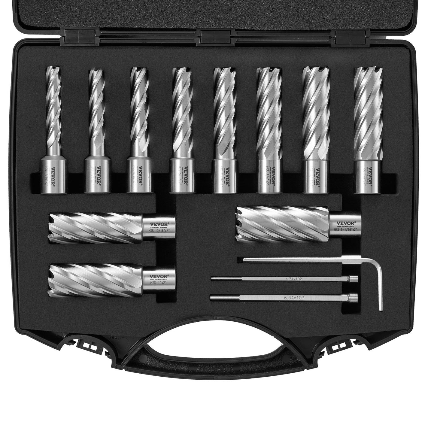 Annular Cutter Set, 13-Piece Weldon Shank Mag Drill Bits, 2" Depth of Cut, 7/16" to 1-1/16" Cutting Diameter, M2AL HSS, with 2 Pilot Pins, Hex Key and Portable Case, for Use with Magnetic Dr.