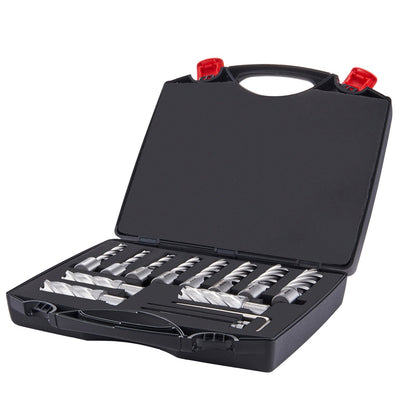 Annular Cutter Set, 13-Piece Weldon Shank Mag Drill Bits, 2" Depth of Cut, 7/16" to 1-1/16" Cutting Diameter, M2AL HSS, with 2 Pilot Pins, Hex Key and Portable Case, for Use with Magnetic Dr.