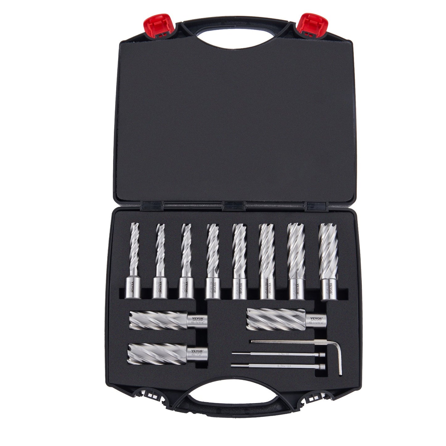 Annular Cutter Set, 13-Piece Weldon Shank Mag Drill Bits, 2" Depth of Cut, 7/16" to 1-1/16" Cutting Diameter, M2AL HSS, with 2 Pilot Pins, Hex Key and Portable Case, for Use with Magnetic Dr.