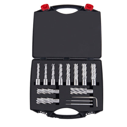 Annular Cutter Set, 13-Piece Weldon Shank Mag Drill Bits, 2" Depth of Cut, 7/16" to 1-1/16" Cutting Diameter, M2AL HSS, with 2 Pilot Pins, Hex Key and Portable Case, for Use with Magnetic Dr.