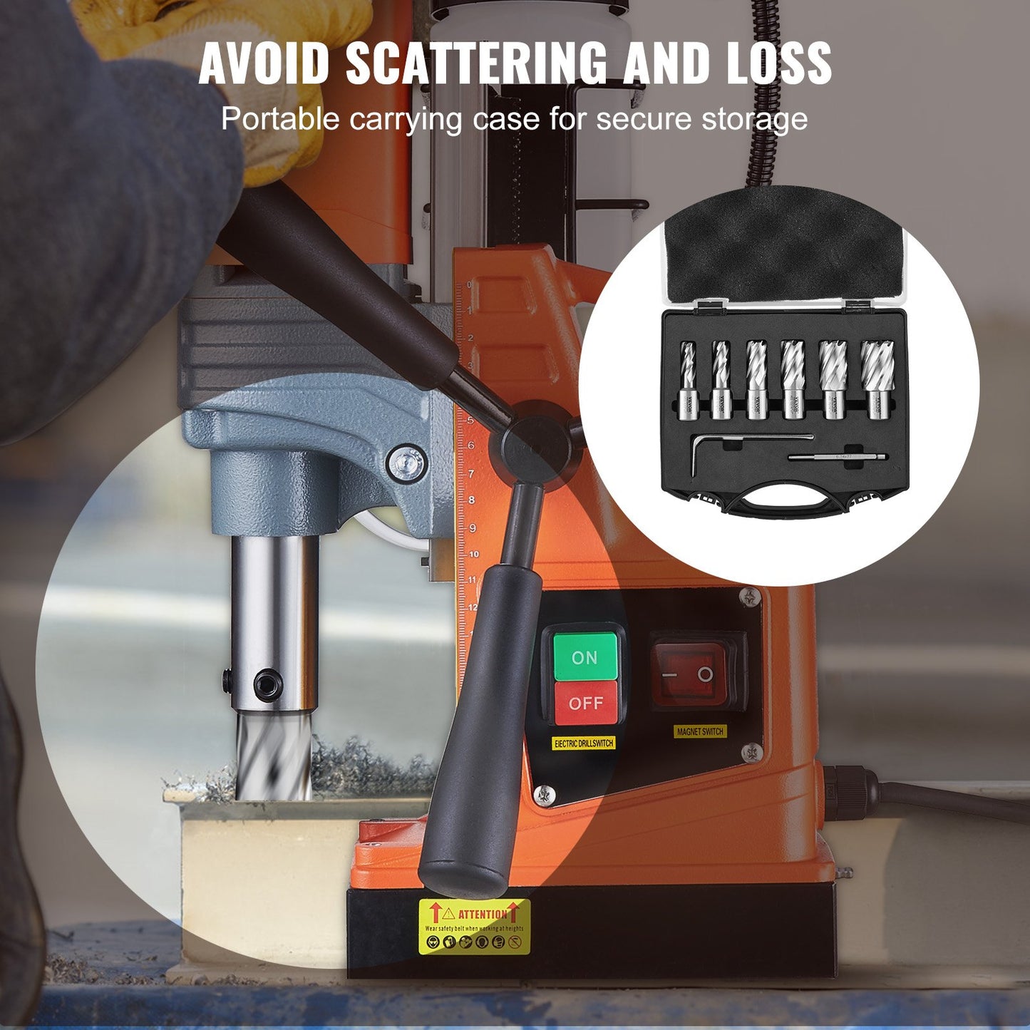 Annular Cutter Set, 6-Piece Weldon Shank Mag Drill Bits, 1" Depth of Cut, 1/2" to 1-1/16" Cutting Diameter, M2AL High Speed Steel, with Pilot Pin and Portable Case, for Use with Magnetic Drills