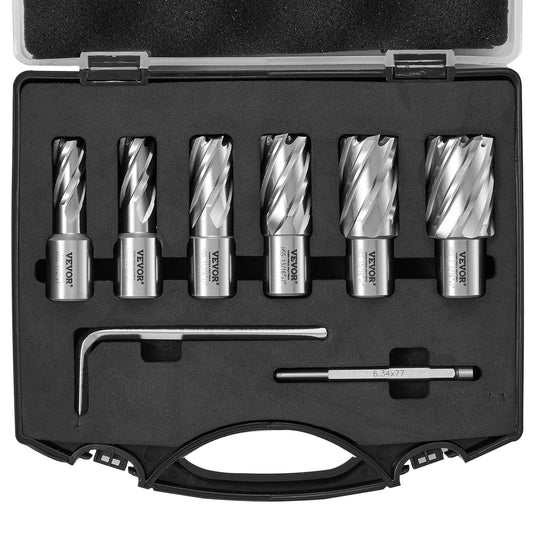 Annular Cutter Set, 6-Piece Weldon Shank Mag Drill Bits, 1" Depth of Cut, 1/2" to 1-1/16" Cutting Diameter, M2AL High Speed Steel, with Pilot Pin and Portable Case, for Use with Magnetic Drills