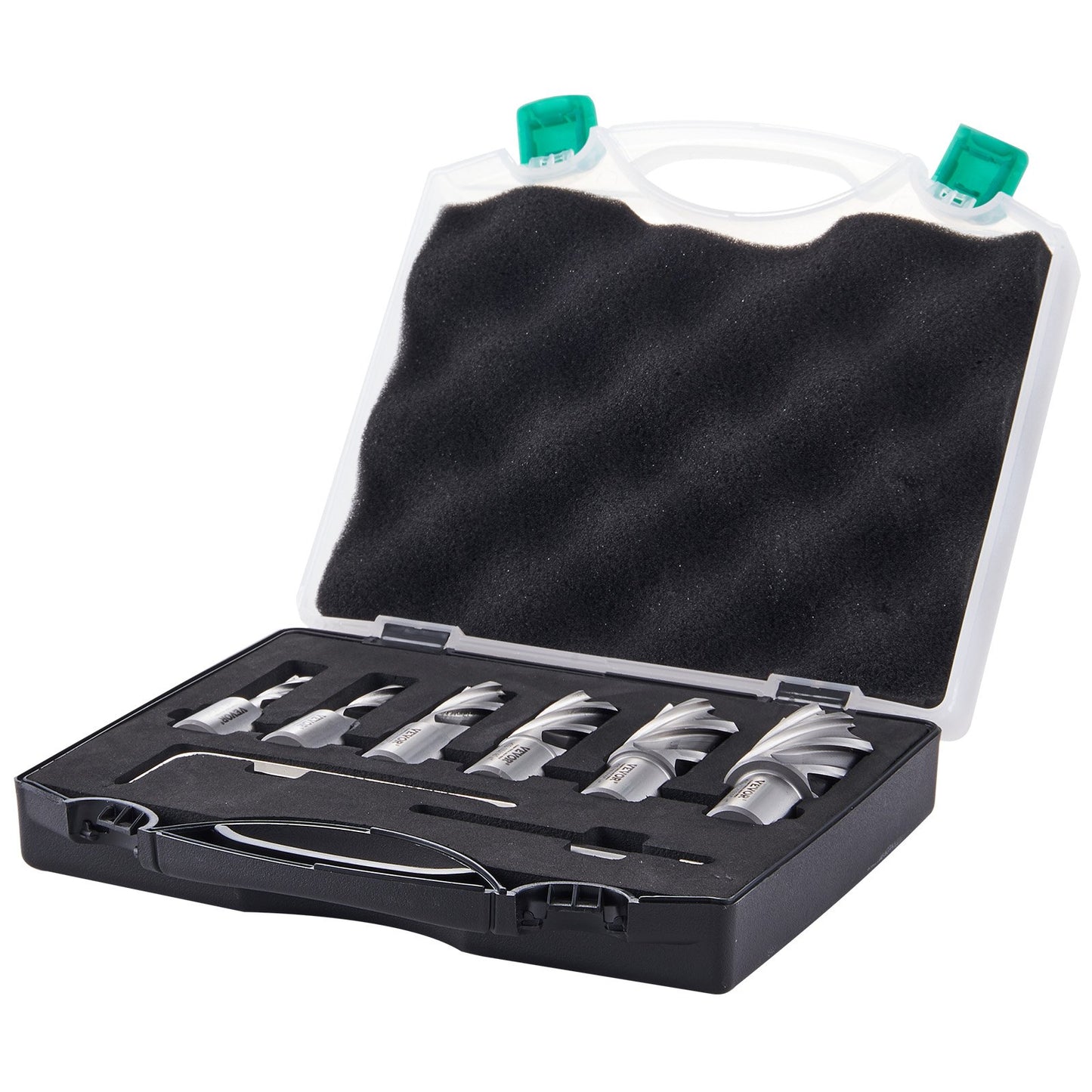 Annular Cutter Set, 6-Piece Weldon Shank Mag Drill Bits, 1" Depth of Cut, 1/2" to 1-1/16" Cutting Diameter, M2AL High Speed Steel, with Pilot Pin and Portable Case, for Use with Magnetic Drills
