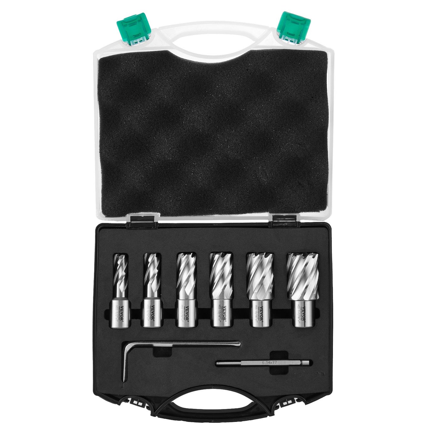 Annular Cutter Set, 6-Piece Weldon Shank Mag Drill Bits, 1" Depth of Cut, 1/2" to 1-1/16" Cutting Diameter, M2AL High Speed Steel, with Pilot Pin and Portable Case, for Use with Magnetic Drills
