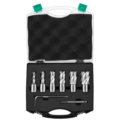 Annular Cutter Set, 6-Piece Weldon Shank Mag Drill Bits, 1" Depth of Cut, 1/2" to 1-1/16" Cutting Diameter, M2AL High Speed Steel, with Pilot Pin and Portable Case, for Use with Magnetic Drills