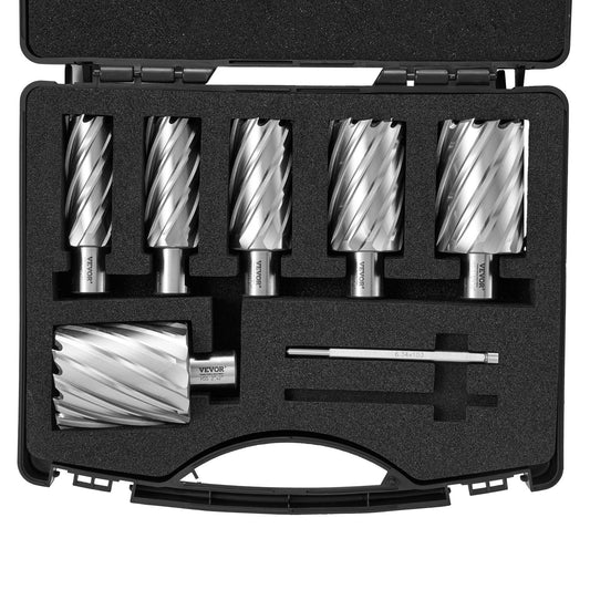 Annular Cutter Set, 6 pcs Weldon Shank Mag Drill Bits, 2" Cutting Depth, 1" to 2" Cutting Diameter, M2AL High Speed Steel, with 2 Pilot Pins and Portable Case, for Use with Magnetic Drills