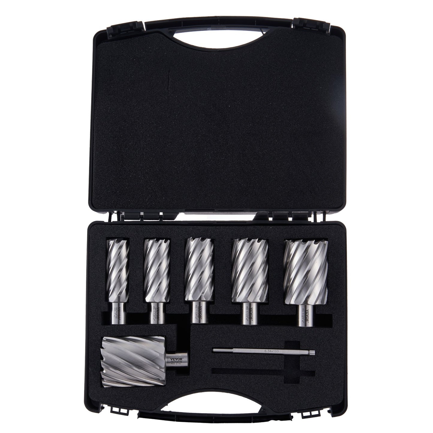 Annular Cutter Set, 6 pcs Weldon Shank Mag Drill Bits, 2" Cutting Depth, 1" to 2" Cutting Diameter, M2AL High Speed Steel, with 2 Pilot Pins and Portable Case, for Use with Magnetic Drills