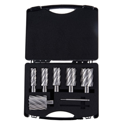 Annular Cutter Set, 6 pcs Weldon Shank Mag Drill Bits, 2" Cutting Depth, 1" to 2" Cutting Diameter, M2AL High Speed Steel, with 2 Pilot Pins and Portable Case, for Use with Magnetic Drills