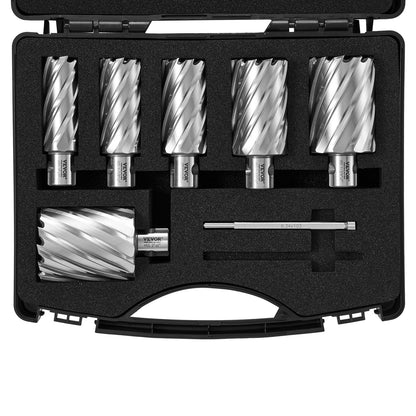 Annular Cutter Set, 6 pcs Universal Shank Mag Drill Bits, 2" Cutting Depth, 1" to 2" Cutting Diameter, M2AL High Speed Steel, with 2 Pilot Pins and Portable Case, for Use with Magnetic Drills