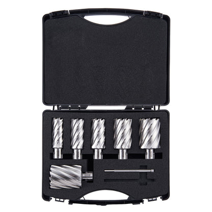 Annular Cutter Set, 6 pcs Universal Shank Mag Drill Bits, 2" Cutting Depth, 1" to 2" Cutting Diameter, M2AL High Speed Steel, with 2 Pilot Pins and Portable Case, for Use with Magnetic Drills