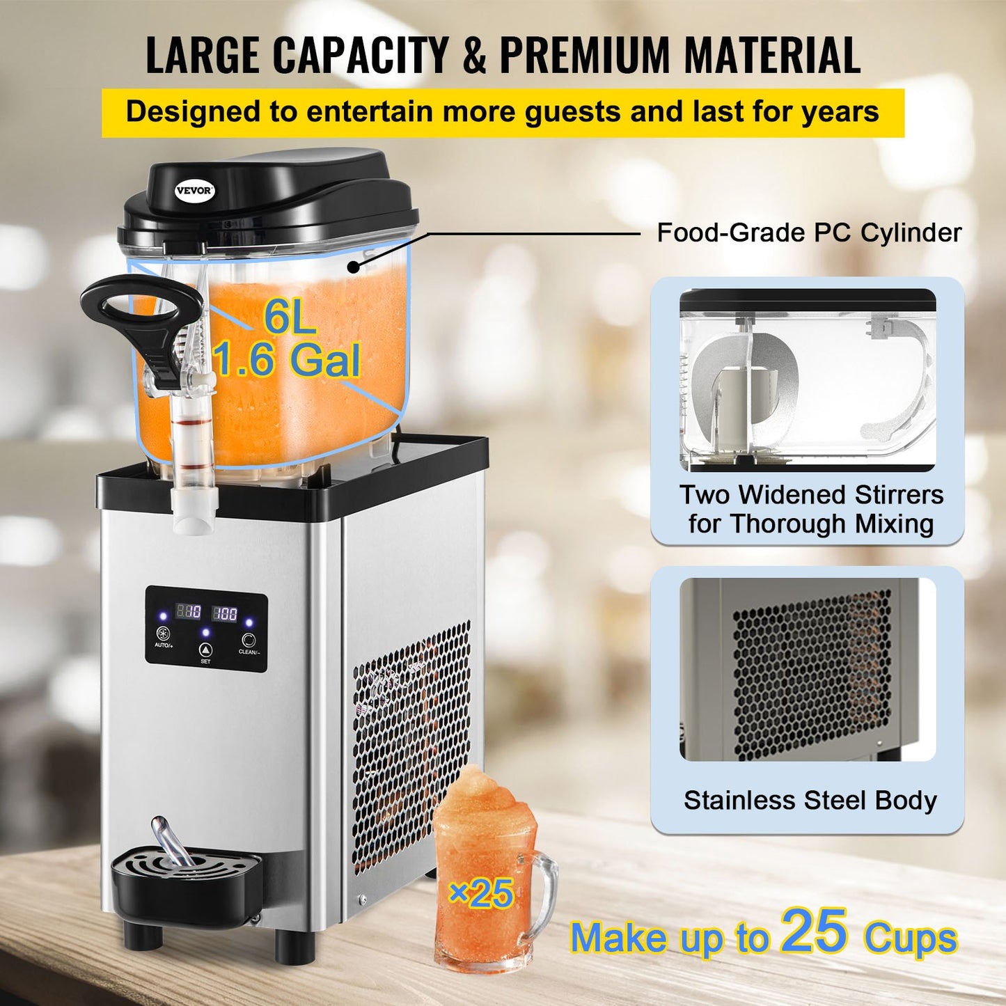 Commercial Slushy Machine, 6L/1.6 Gallons 25 Cups Single-Bowl, 705W 220V, Stainless Steel Margarita Smoothie Frozen Drink Maker, Slushie Machine for Supermarkets Cafes Restaurants Bars Home Use
