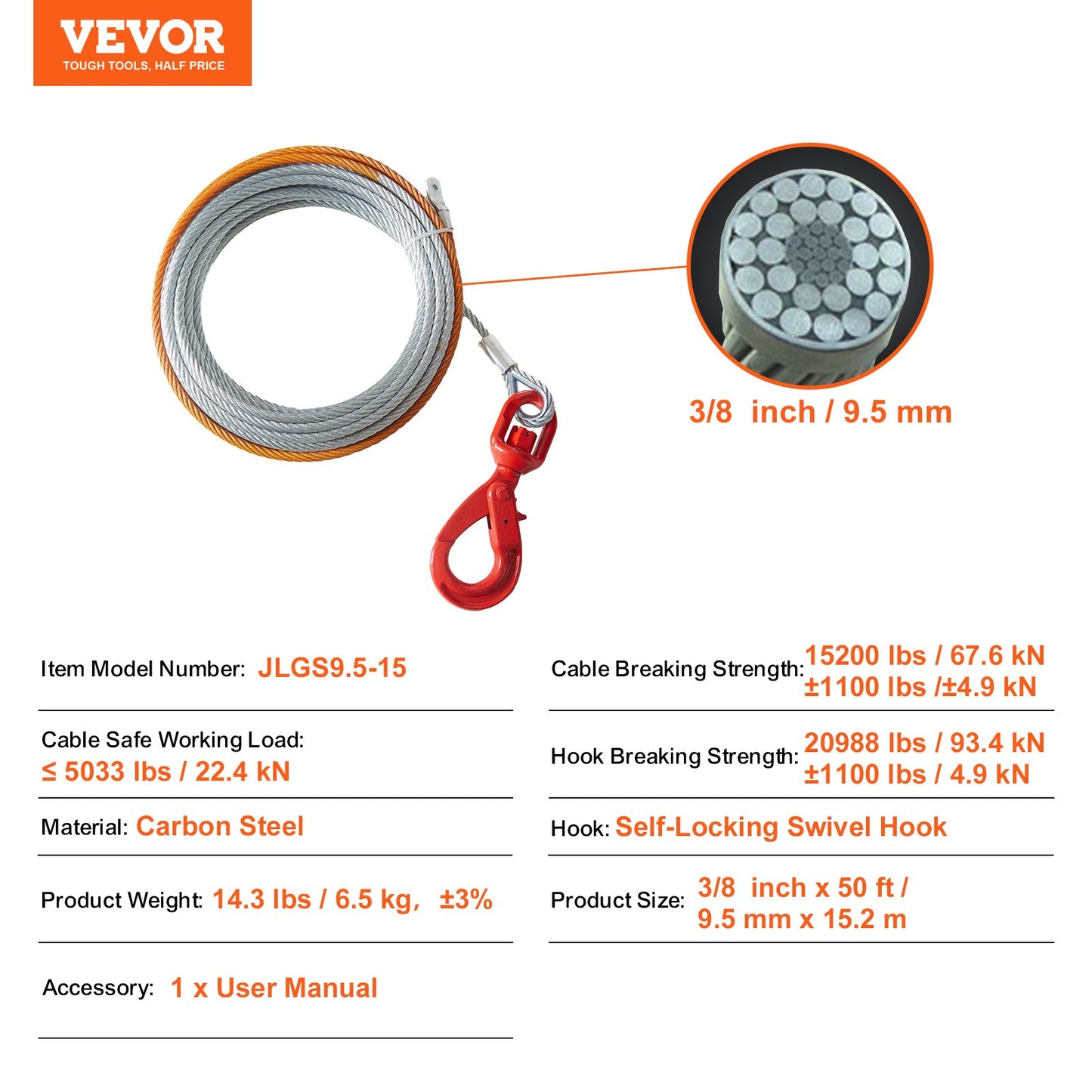 Galvanized Steel Winch Cable, 3/8 Inch x 50 Feet 15,200 lbs Breaking Strength, Wire Winch Rope with Swivel Hook, Heavy Duty Tow Cable, Universal Fit for SUV, Large Off-Road Vehicle, Truck